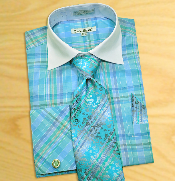 Daniel Ellissa Turquoise / Blue / White Check Design Shirt / Tie / Hanky Set With Free Cufflinks DS3772P2 - Click Image to Close